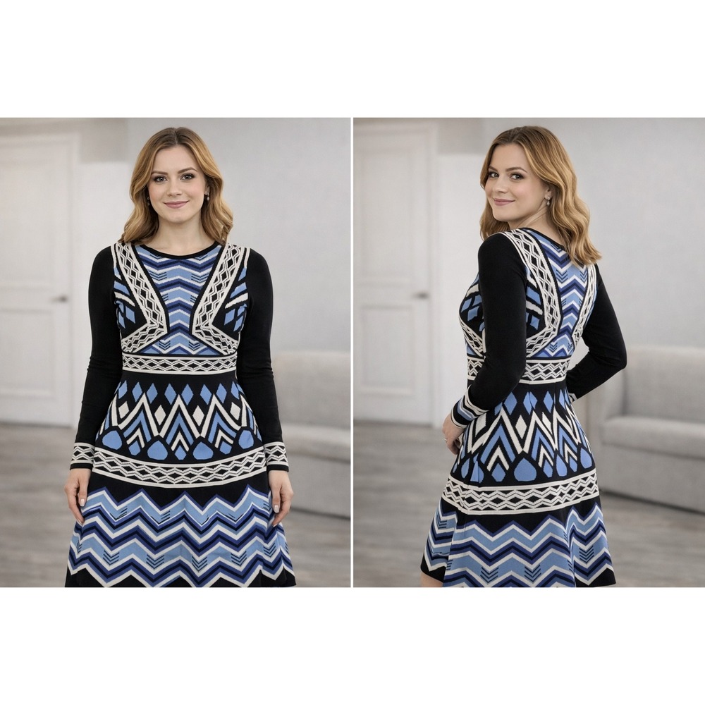 Eliza J Womens PXS‎ Blue Black Geometric Chevron Knit Fit Flare Sweater Dress